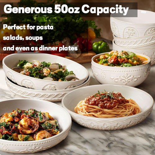 Artena Large 50oz Pasta Bowls Set of 4 - White Ceramic Salad & Soup Bowls | Microwave & Dishwasher Safe