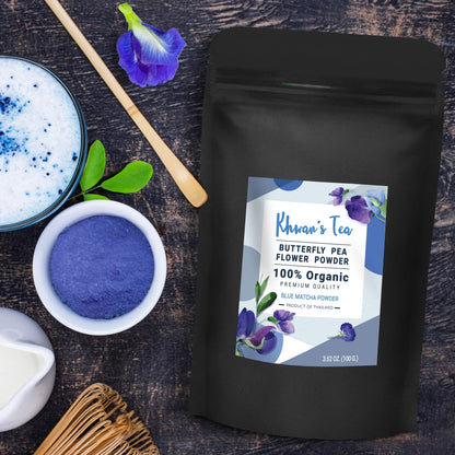 KHWAN'S TEA Butterfly Pea Flower Powder Extract, Culinary Grade Natural Food Coloring Blue Matcha Powder Tea, 3.5 Oz