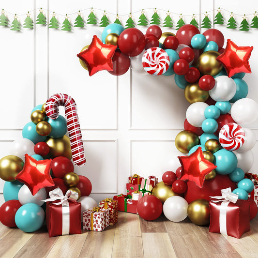 HOUSE OF PARTY Christmas Balloons Arch Kit - 145 Pcs - Christmas Balloons for Decorations Red, Teal, White with Candy Cane | Mylar Balloons with Candy Cane for Christmas Decoration