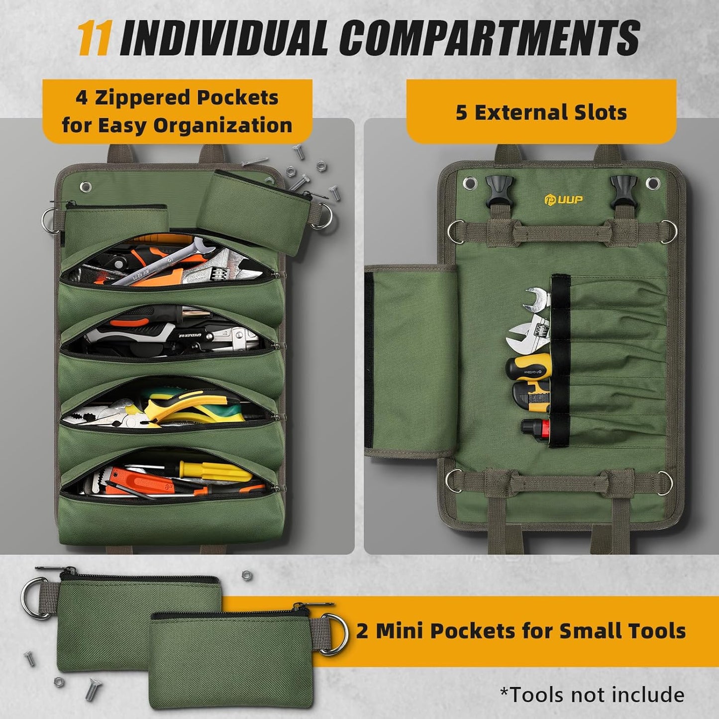 UUP Heavy Duty Tool Bag Roll-Up - Portable Soft Storage Organizer with Pockets | Green, Perfect for Mechanics & Gifts for Dad