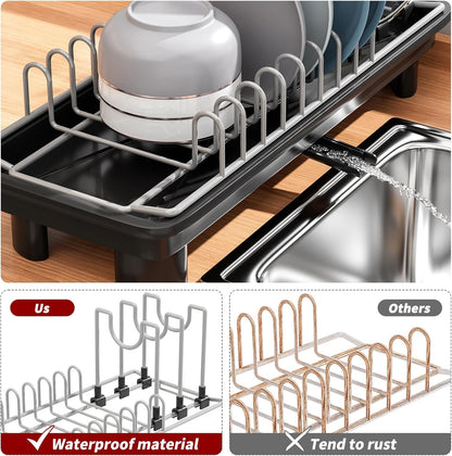 SanDream Dish Drying Rack - Stainless Steel with Removable Utensil Holder & Anti-Scratch Base | Space-Saving Design, Black