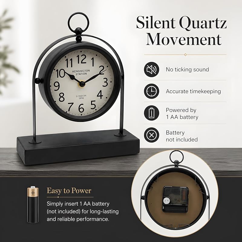 Vintage Black Table Clock with Glass Cover – Silent Mantel Desk Clock