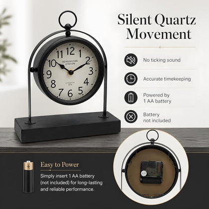 Vintage Black Table Clock with Glass Cover – Silent Mantel Desk Clock
