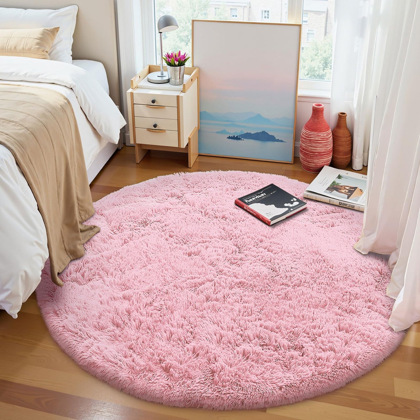 OLANLY Pink Round Rugs for Bedroom - Machine Washable, 7 ft Circle Area Rugs for Living Room, Soft and Fluffy Shaggy Carpet for Teen Girls and Boys, Nursery Rooms, Dorms, Home Decor Aesthetic