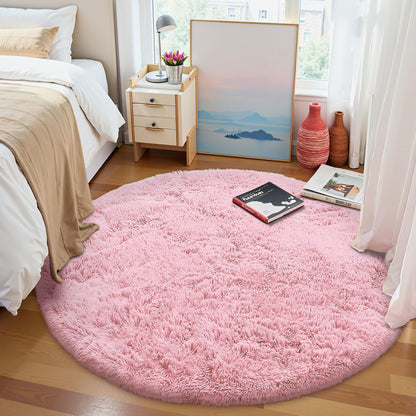 OLANLY Pink Round Rugs for Bedroom - Machine Washable, 7 ft Circle Area Rugs for Living Room, Soft and Fluffy Shaggy Carpet for Teen Girls and Boys, Nursery Rooms, Dorms, Home Decor Aesthetic