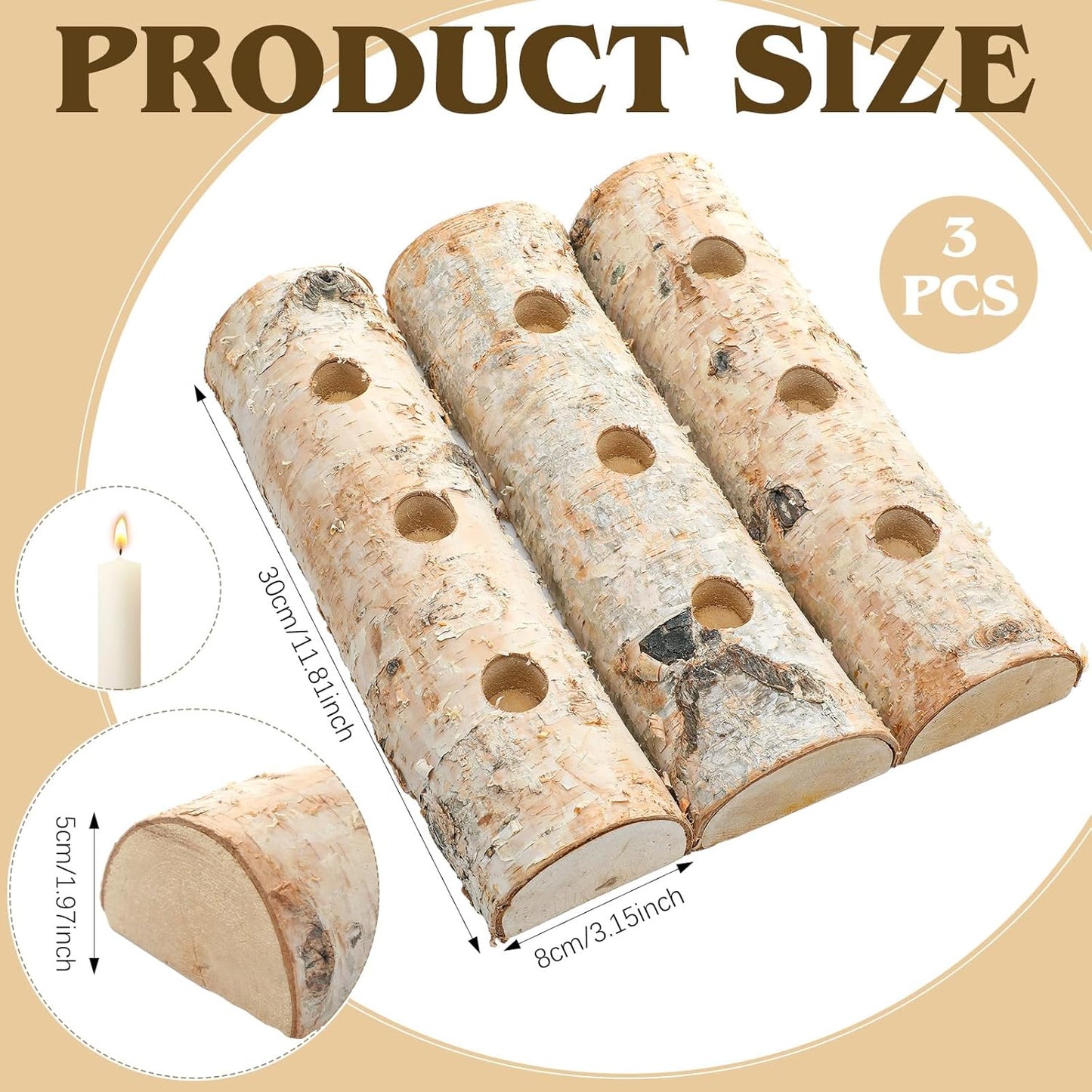 Roowest Birch Wood Taper Candle Holder Set - 3 Pcs Decorative Fireplace Log for Christmas Decor