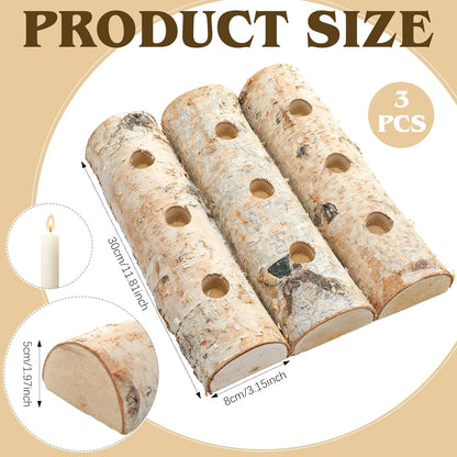 Roowest Birch Wood Taper Candle Holder Set - 3 Pcs Decorative Fireplace Log for Christmas Decor