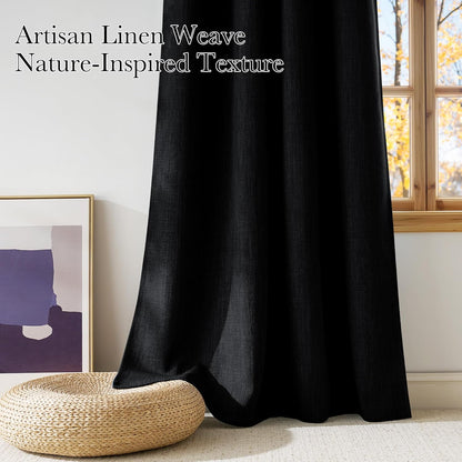 NICETOWN Black Faux Linen Blackout Curtains - 63-Inch Privacy Panels for Living Room & Bedroom | Easy Care Grommet Top, 2 Panels