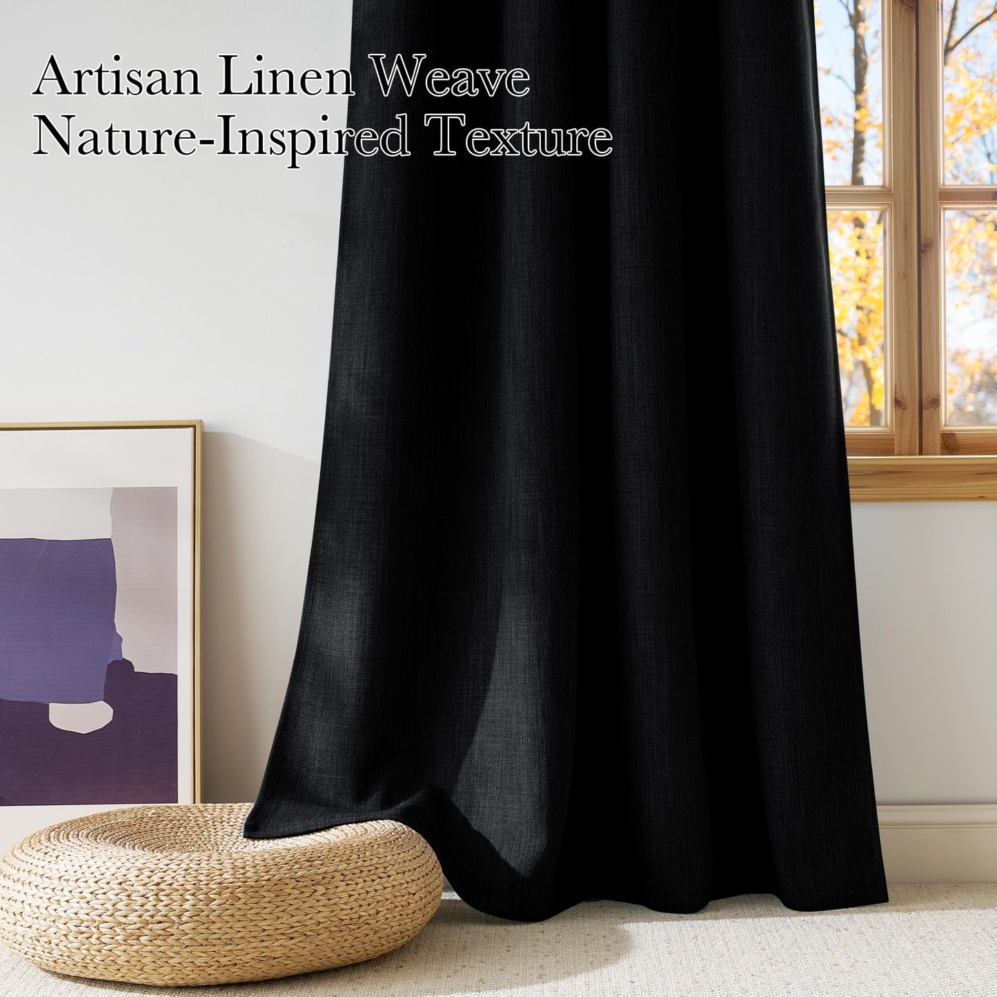 NICETOWN Short Faux Linen Black Blackout Curtains 63 inches Long for Kitchen - Privacy Panels for Living Room Bedroom, Modern Farmhouse Style Easy Care Grommet Top, 2 Panels, W42 by L63
