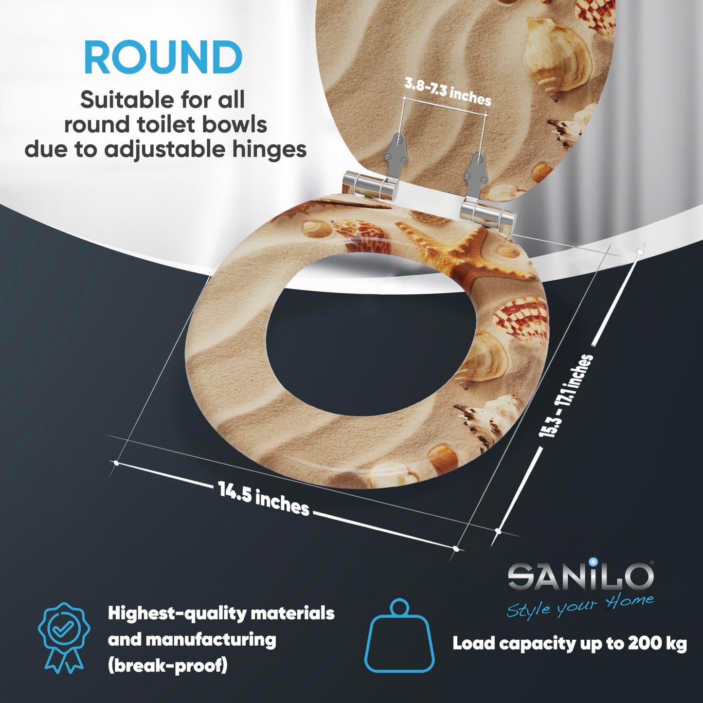 Sanilo Soft Close Toilet Seat ROUND, Quiet and Slow Close Lid and Seat, Strong Bumpers and Hinges, Sanibel