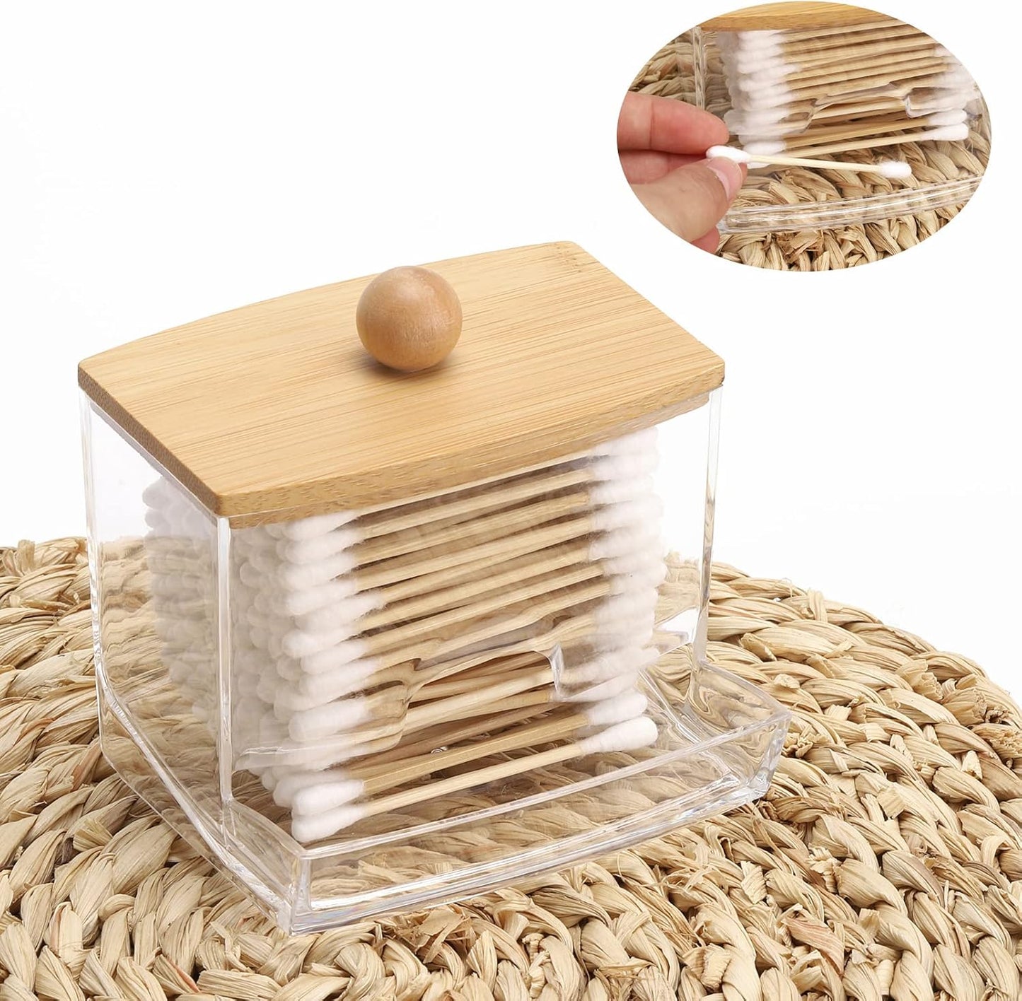 Tbestmax Qtip Holder Dispenser - 10oz Clear Bathroom Organizer with Bamboo Lid for Cotton Swabs & Balls