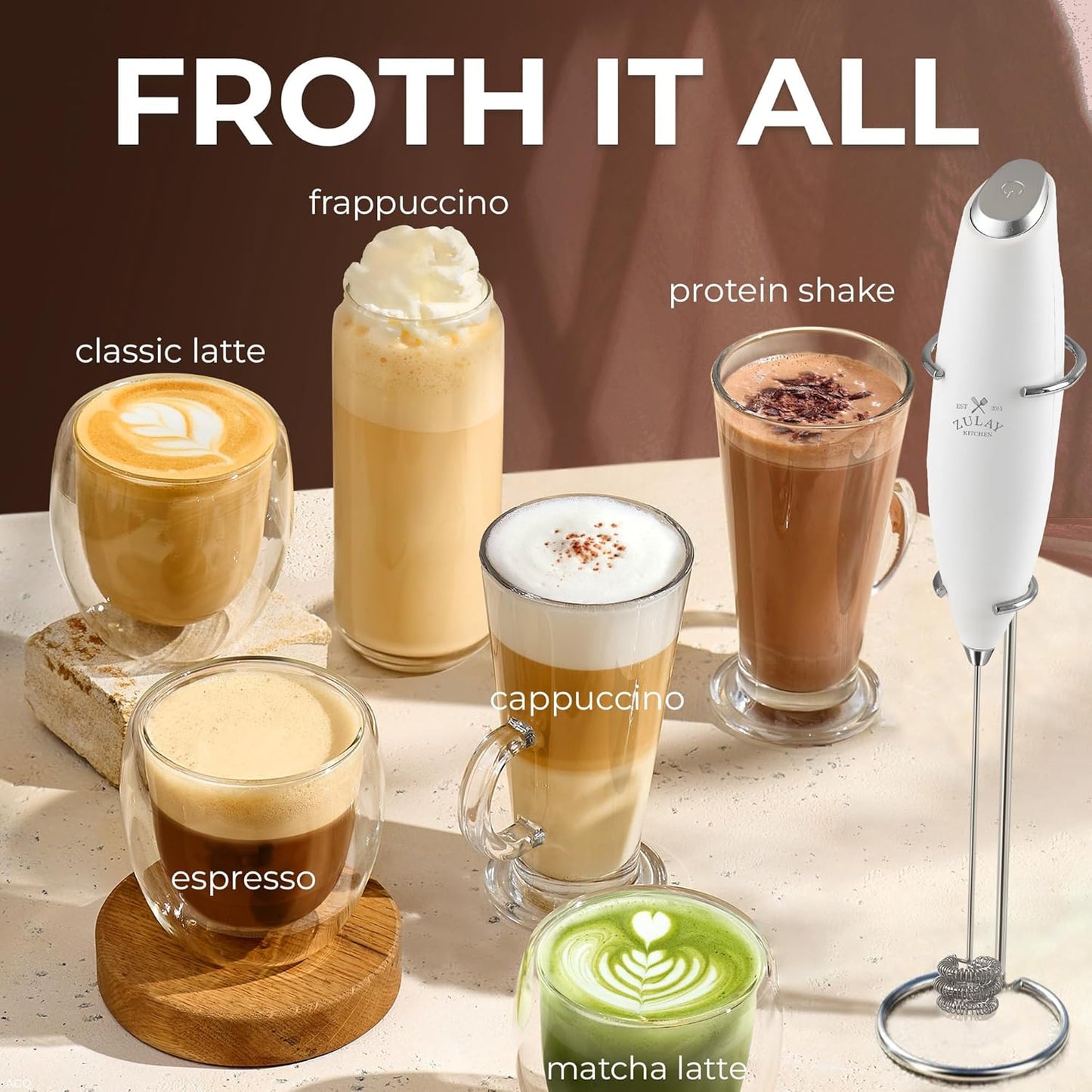 Zulay Kitchen Tornado Triple Whisk Milk Frother - Handheld Foam Maker for Coffee & Lattes - Blizzard White