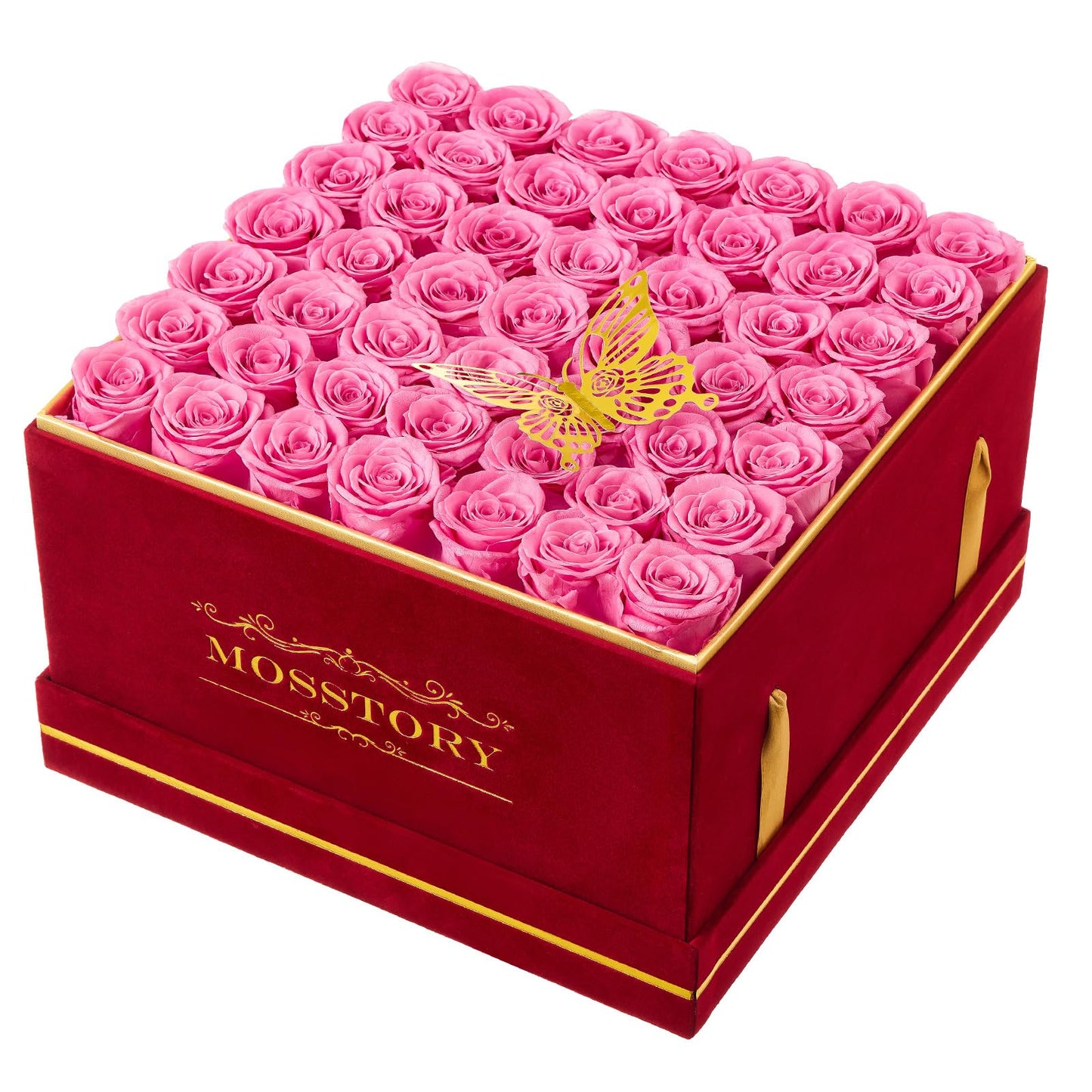 Mosstory Preserved Roses in a Box 49-Piece Forever Flowers Gifts for Women Wife Mother Day Christmas Anniversary (Pink Roses, Square Burgundy Suede Box)