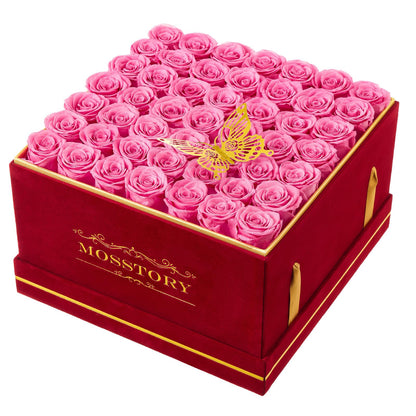 Mosstory Preserved Roses in a Box 49-Piece Forever Flowers Gifts for Women Wife Mother Day Christmas Anniversary (Pink Roses, Square Burgundy Suede Box)