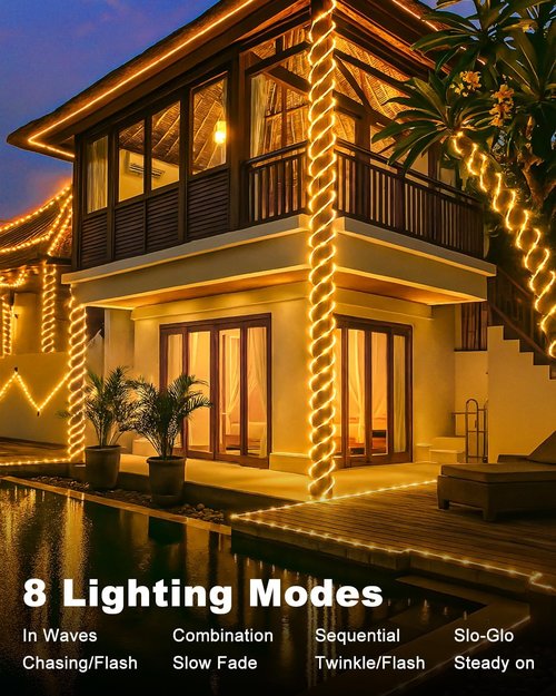 Btfarm Solar Rope Lights - 120 LED Waterproof Outdoor String Lights | 46FT with 8 Lighting Modes for Garden & Party Decor - Warm White