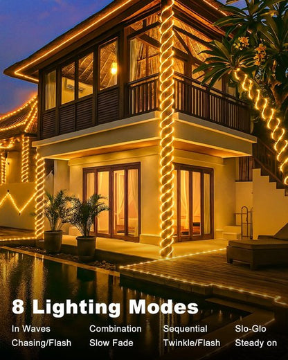 Btfarm Solar Rope Lights - 120 LED Waterproof Outdoor String Lights | 46FT with 8 Lighting Modes for Garden & Party Decor - Warm White
