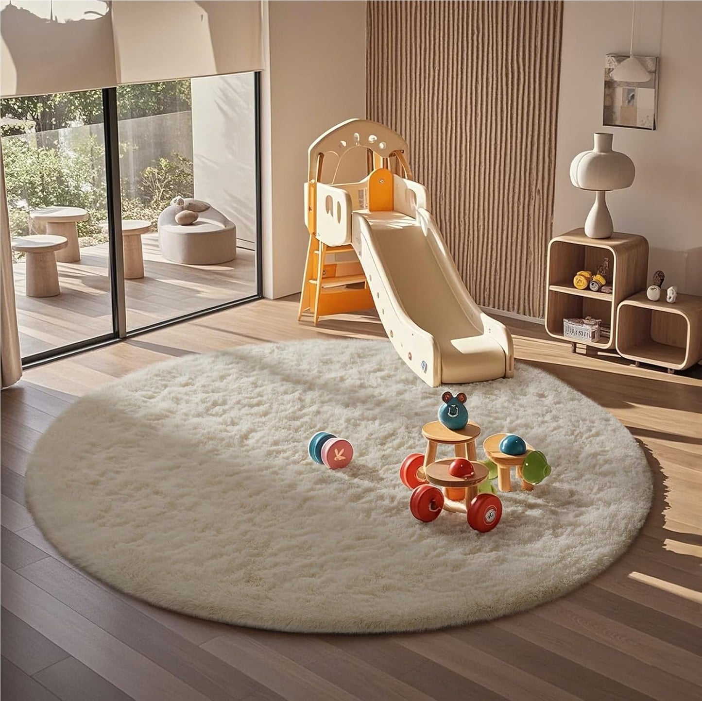 Ophanie Round Area Rug - 6Ft Ivory Circle | Fluffy Soft Shaggy Carpet for Aesthetic Room Decor