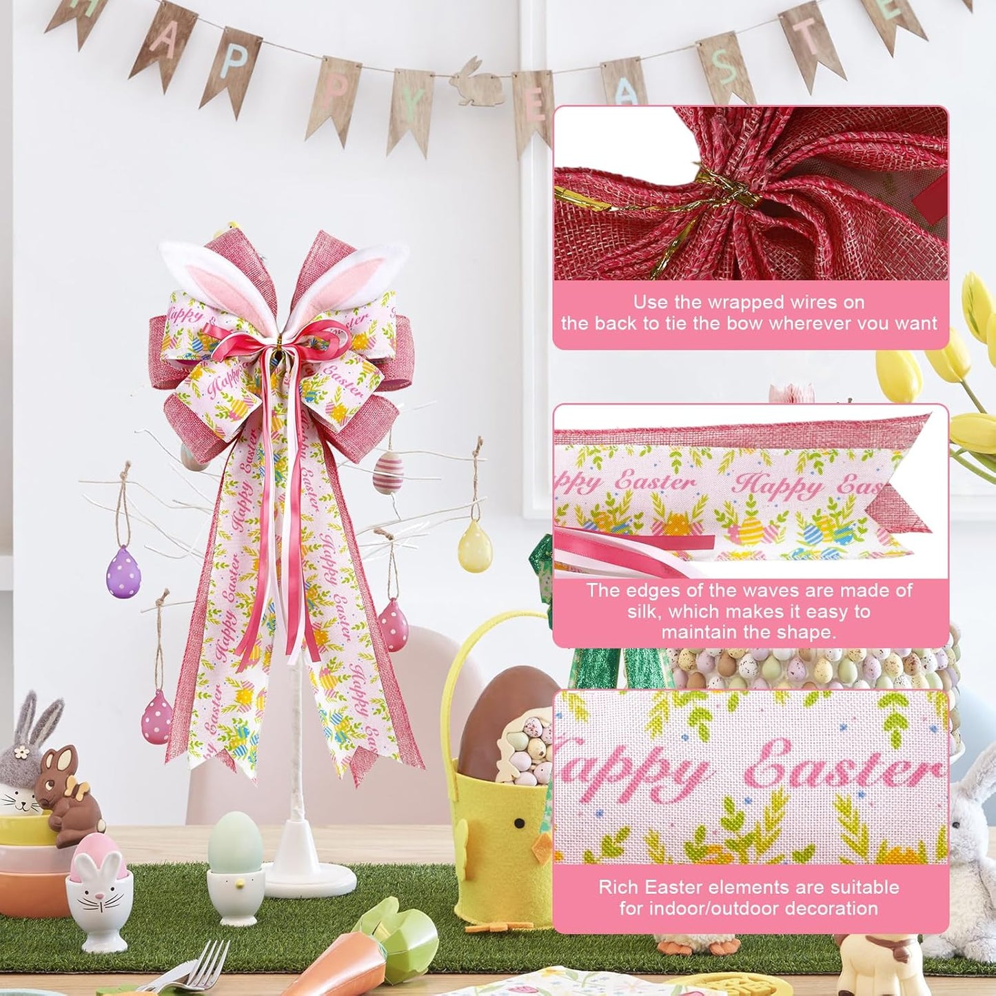 Skiennix Easter Bunny Ear Bows - Large 11"x20" Pink Burlap Decorative Bow for Spring Holiday Decor