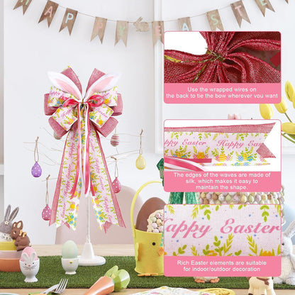 Skiennix Easter Bunny Ear Bows - Large 11"x20" Pink Burlap Decorative Bow for Spring Holiday Decor