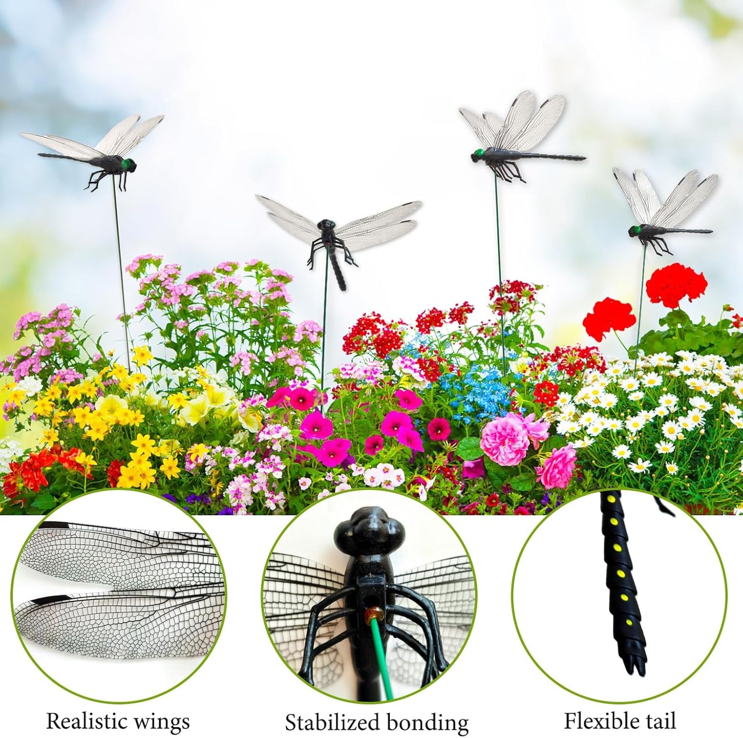 Skiennix Dragonfly Garden Stakes - Lifelike 3D PVC Decor for Indoor/Outdoor Plants | 10 Pcs Black