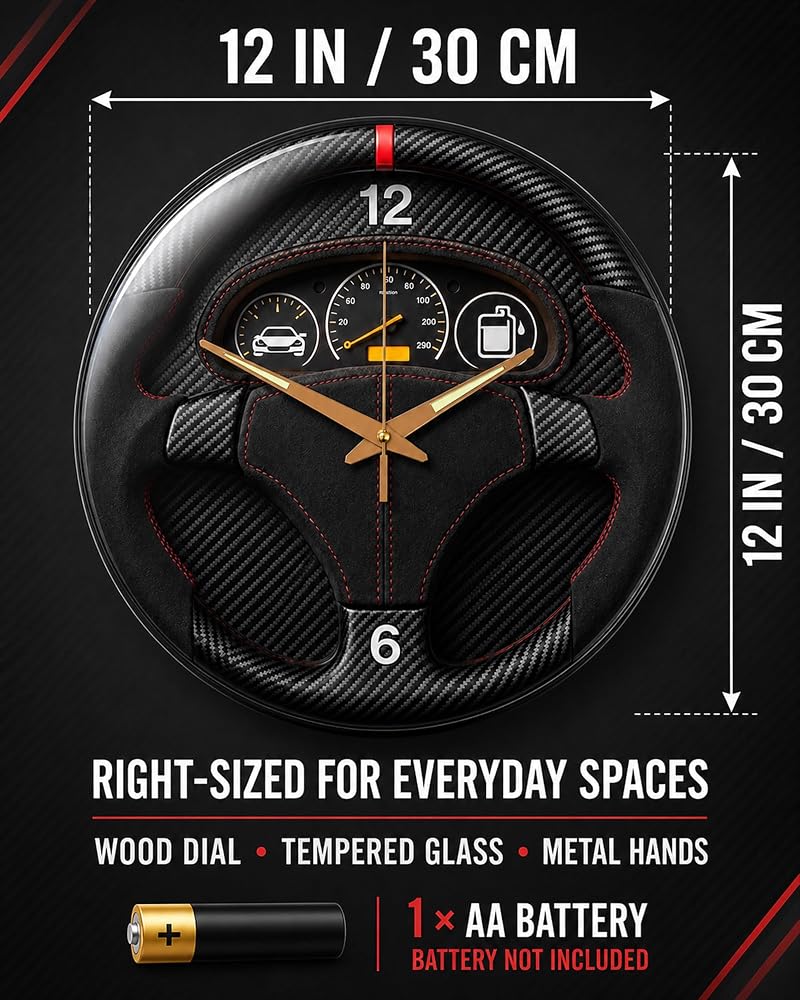 Garage Car Wall Clock - Black Sports Dashboard Style, Luminous Hands, 12 Inch