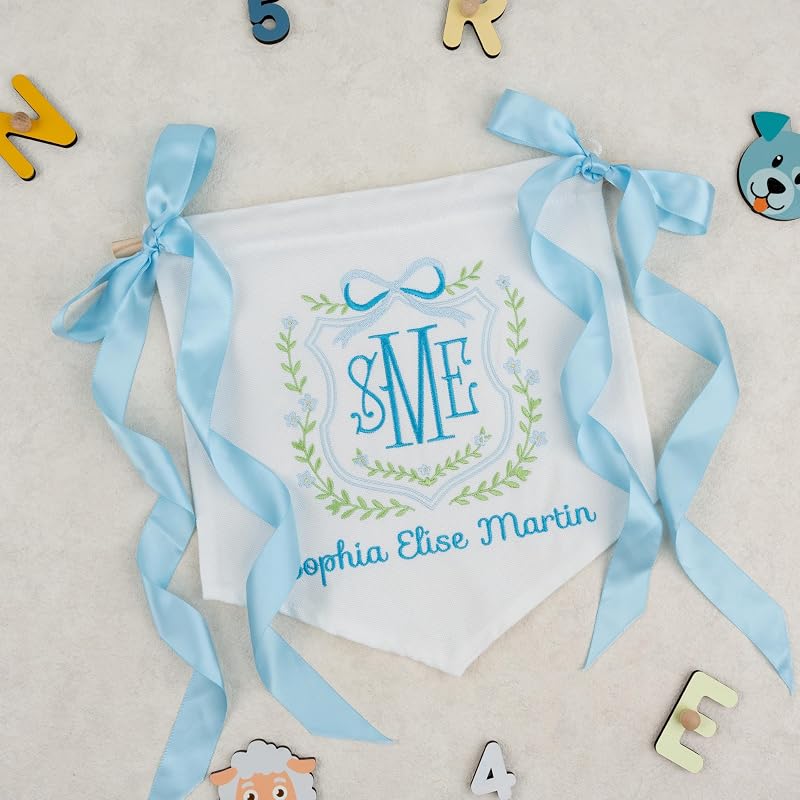 Personalized Baby Banner with Name - Embroidery on Cotton Canvas, 12x11 in AM-AOFB-06