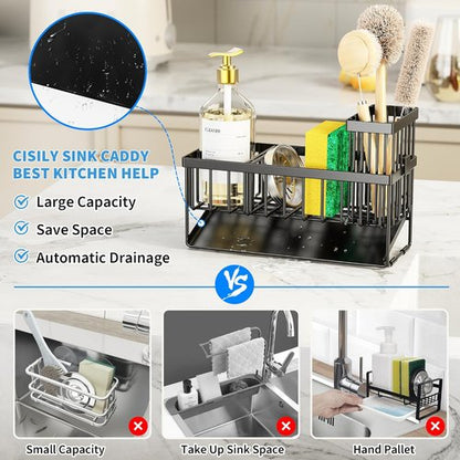 Cisily Kitchen Sink Caddy - Rustproof Sponge Holder with Brush Storage & Self-Draining Tray