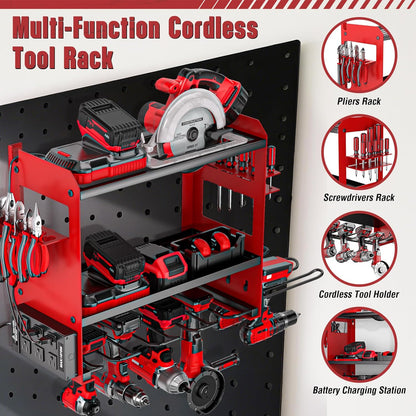 YYR Power Tool Organizer - Heavy-Duty Wall Mount with Charging Station & Battery Storage Rack - Red
