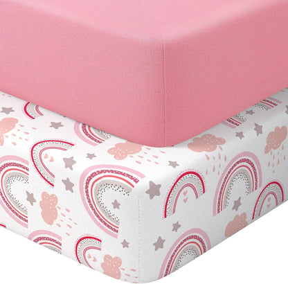 Skiennix Baby Crib Sheets - 2 Pack Soft Microfiber for Standard Crib | Pink Rainbow & Pink, 28x52x8in