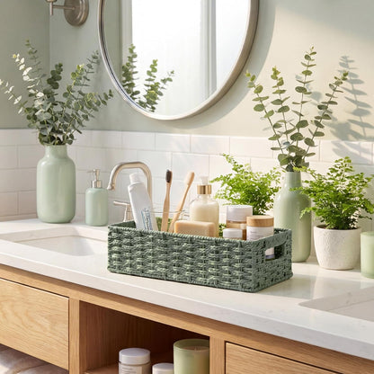StorageWorks Wicker Toilet Basket - Small Tank Topper with Built-in Handles | Sage Green Bathroom Organizer