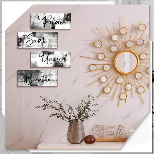 Maitys Bathroom Wall Art - 4 Pcs Rustic Wood Decor for Spa & Relaxation | 10 x 4 Inch Black & White