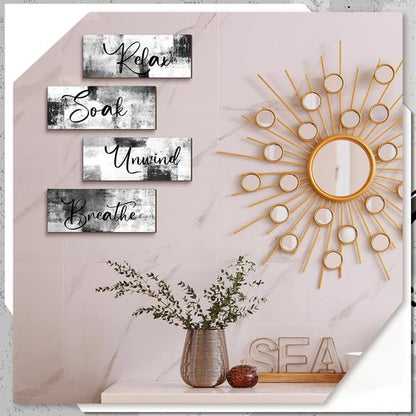 Maitys Bathroom Wall Art - 4 Pcs Rustic Wood Decor for Spa & Relaxation | 10 x 4 Inch Black & White
