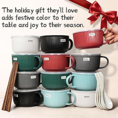 Artena 38 oz Soup Bowls - Microwave Safe Ceramic Ramen Bowls with Handles & Lids | 6 Inch Black Set