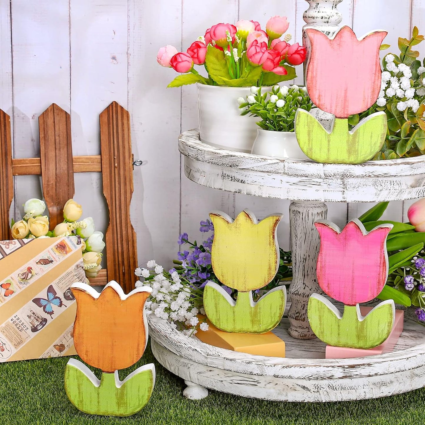 Whaline Spring Tulips Wood Signs - Rustic Floral Table Decor for Farmhouse Centerpieces | 4-Piece Set