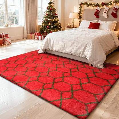 Fluffy 4x6 Area Rug for Bedroom - Red & Green Shag Rug, Non-Slip Bottom