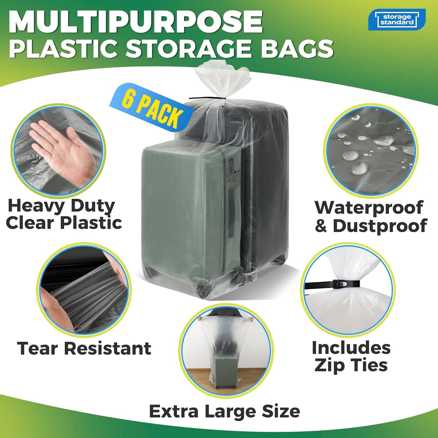 Storage Standard Large Clear Plastic Bags - Waterproof Heavy-Duty Zip Ties for Luggage & Travel Gear | 40 x 60 Inches