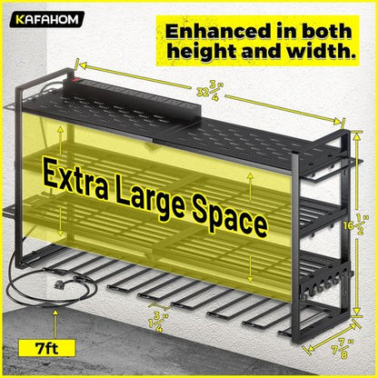 KAFAHOM Power Tool Organizer - Wall-Mounted Charging Station with 8 Drill Holder & Power Strip