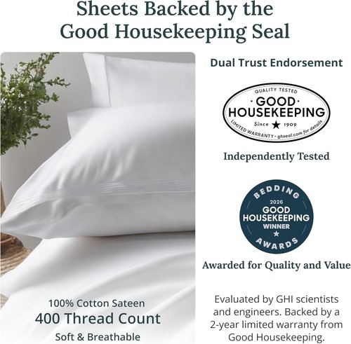 California Design Den Twin Cotton Sheets Set - 400 Thread Count Soft & Breathable Sateen | Bright White, 2-Pack
