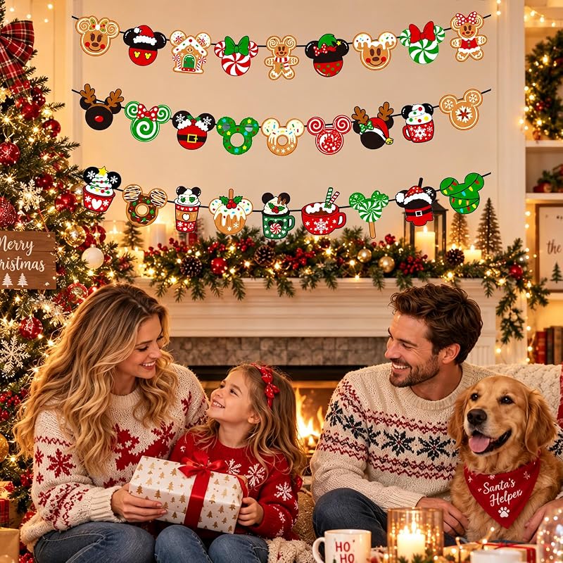 Christmas Banner Decorations - Gingerbread Cookies Candy Canes Wall Hanging Party Decor