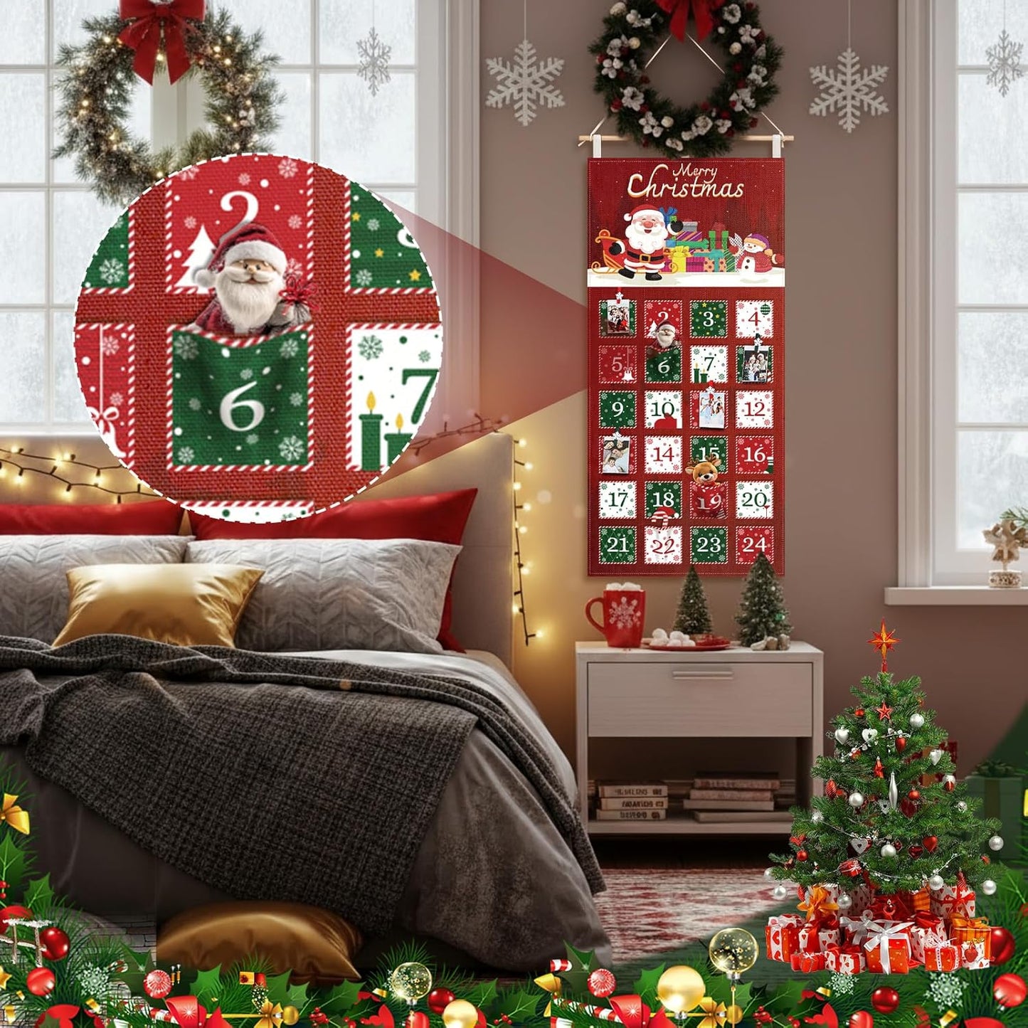 Weysat Christmas Advent Calendar - Reusable Fabric Countdown with 24 Pockets & Clips | Holiday Wall Decor
