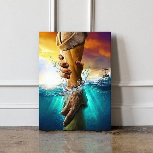 Framed Jesus Christ Canvas Wall Art - The Hand of God Reaching Into Water | 12" x 16" Christian Decor