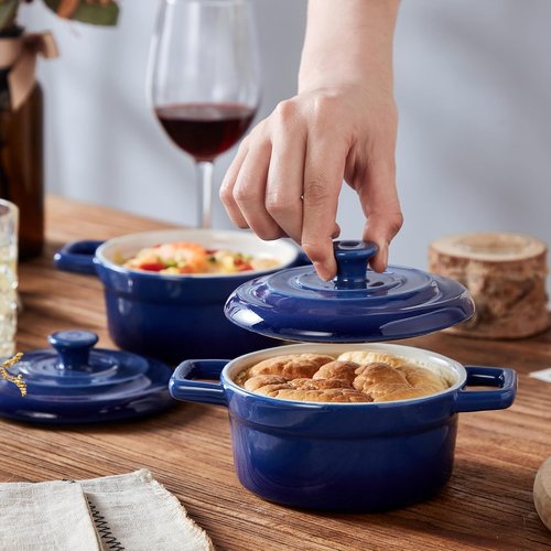 Lareina Mini Cocotte - 12oz Ceramic Casserole Dishes with Handles & Lid - Oven Safe Set of 4 - Blue
