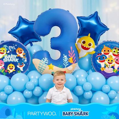 PartyWoo Baby Shark Blue Foil Number 3 Balloon - 5pcs 18-Inch Round Mylar Helium Birthday Decorations for Kids