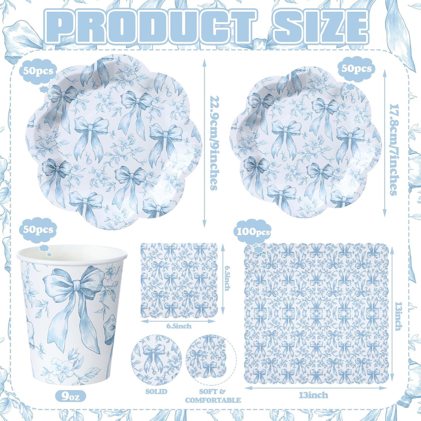 Newtay Disposable Tableware Set - 250 Pcs Blue Floral Plates, Napkins & Cups for 50 Guests | Perfect for Weddings & Bridal Showers