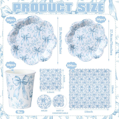 Newtay Disposable Tableware Set - 250 Pcs Blue Floral Plates, Napkins & Cups for 50 Guests | Perfect for Weddings & Bridal Showers