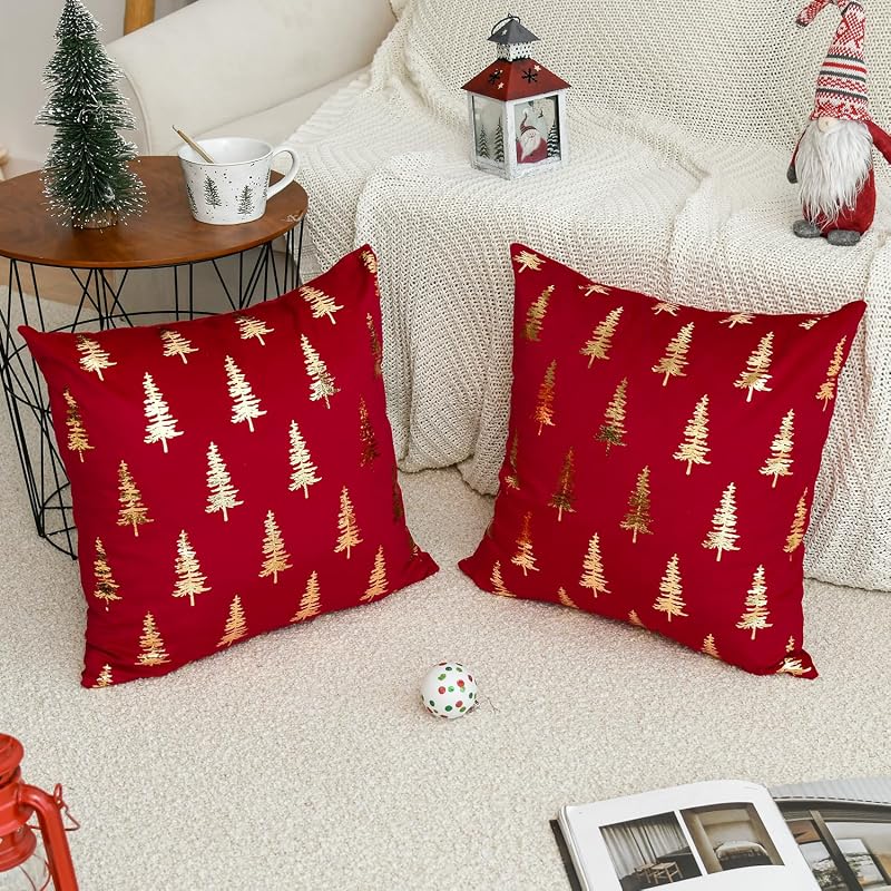 Christmas Red Velvet Throw Pillow Covers 18x18 in - Gold Foil Tree Design, Set of 2