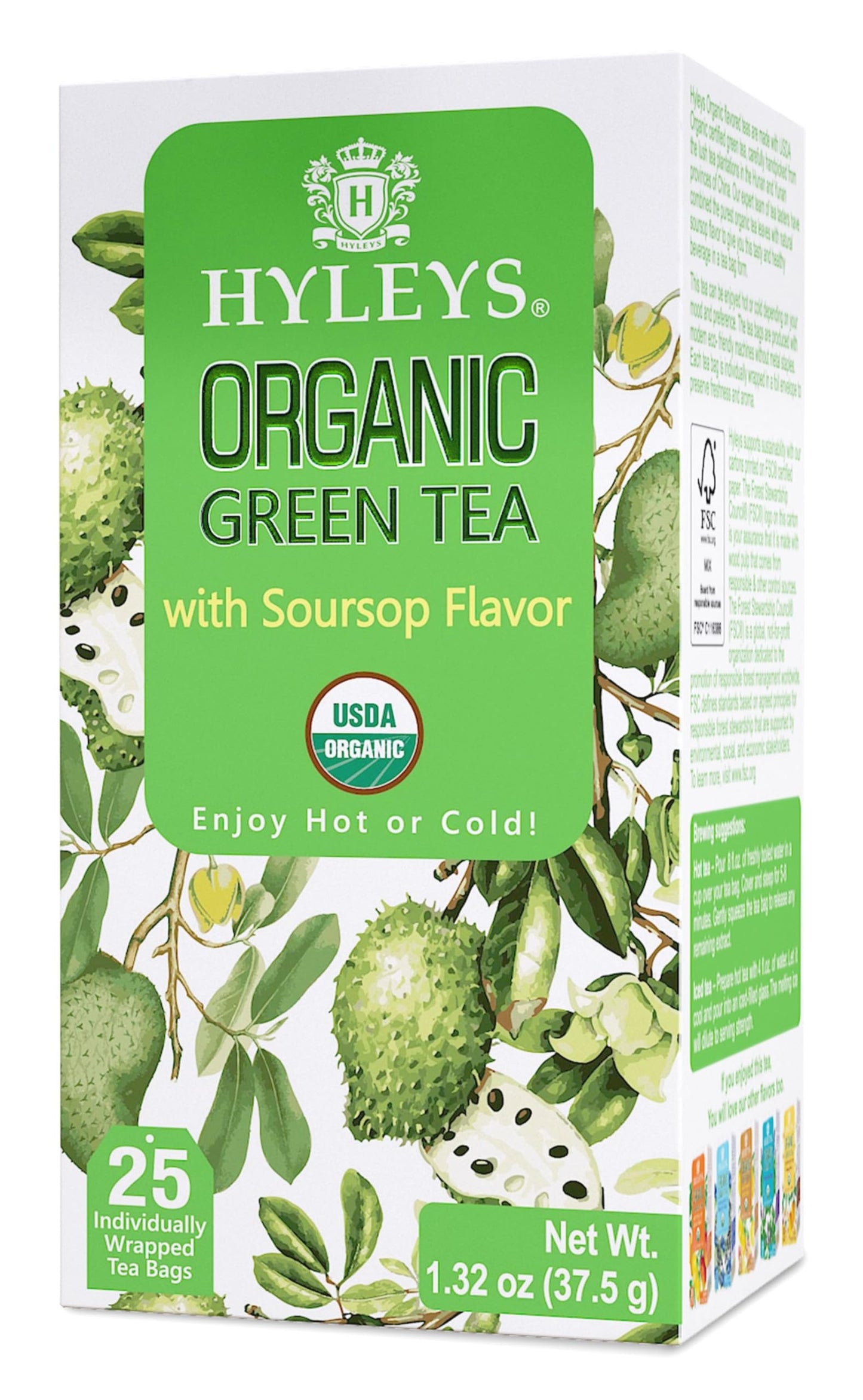 Hyleys Organic Green Tea Soursop Flavor - 25 Tea Bags - Sour Sop Graviola Guanabana Tea