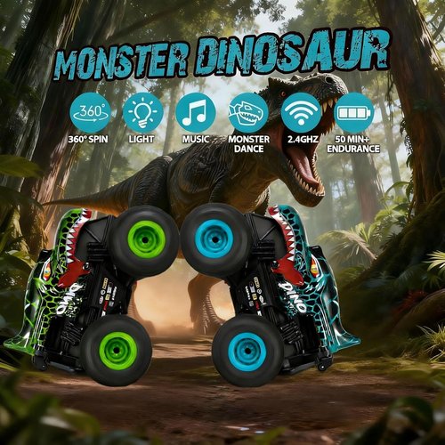 DYODYORC Remote Control Car - 2.4GHz All-Terrain Dinosaur Monster Truck with Music & Lights | Ready to Run, 2 Batteries Included (Cyan)