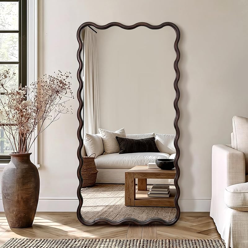 AMOISE Full Length Mirror 56x28 in - Brown Boho Wavy Floor Mirror