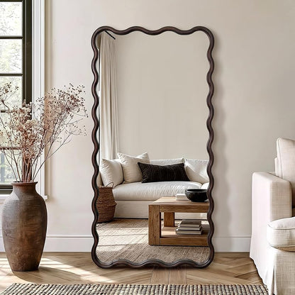 AMOISE Full Length Mirror 56x28 in - Brown Boho Wavy Floor Mirror